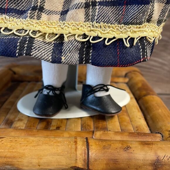 Vintage Porcelain Kissing Doll , Blonde Braids, Blue Plaid Dress 15” - Picture 4 of 8